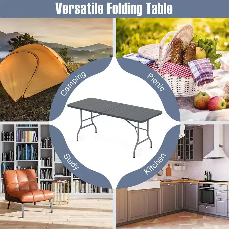 Tavolo Pieghevole Portatile da 183 cm con Piano in HDPE Effetto Legno Meccanismo di Blocco di Sicurezza Grigio/Marrone