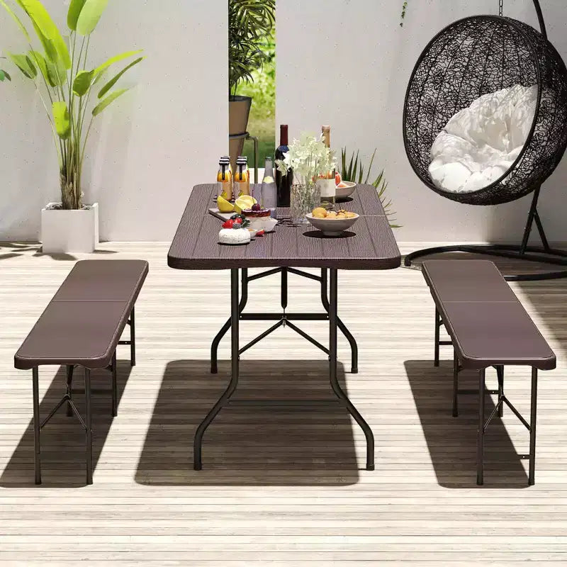 6 ft Portable Folding Table with Wood Grain HDPE Tabletop Safe Lock Mechanism Gray/Brown