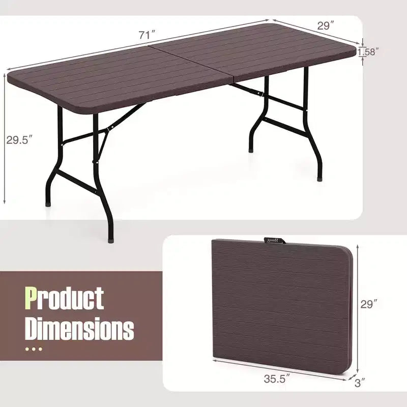 6 ft Portable Folding Table with Wood Grain HDPE Tabletop Safe Lock Mechanism Gray/Brown