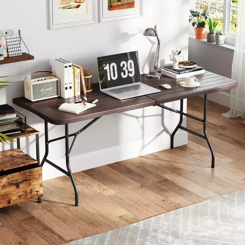 6 ft Portable Folding Table with Wood Grain HDPE Tabletop Safe Lock Mechanism Gray/Brown