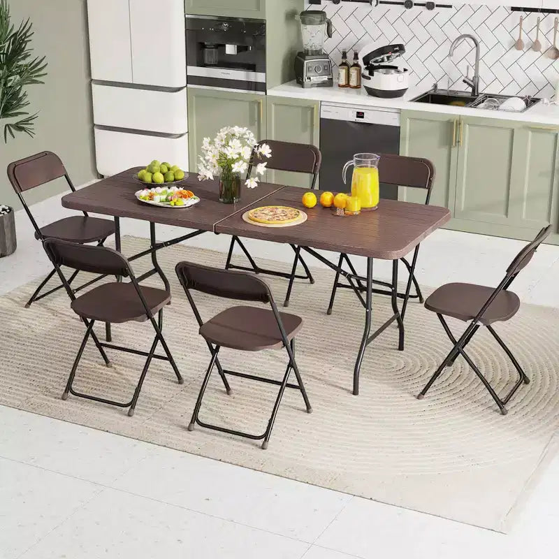 6 ft Portable Folding Table with Wood Grain HDPE Tabletop Safe Lock Mechanism Gray/Brown