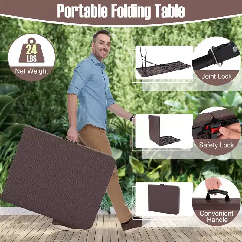 Tavolo Pieghevole Portatile da 183 cm con Piano in HDPE Effetto Legno Meccanismo di Blocco di Sicurezza Grigio/Marrone