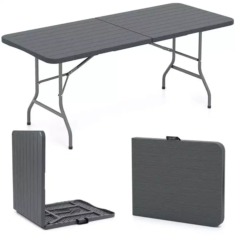 6 ft Portable Folding Table with Wood Grain HDPE Tabletop Safe Lock Mechanism Gray/Brown