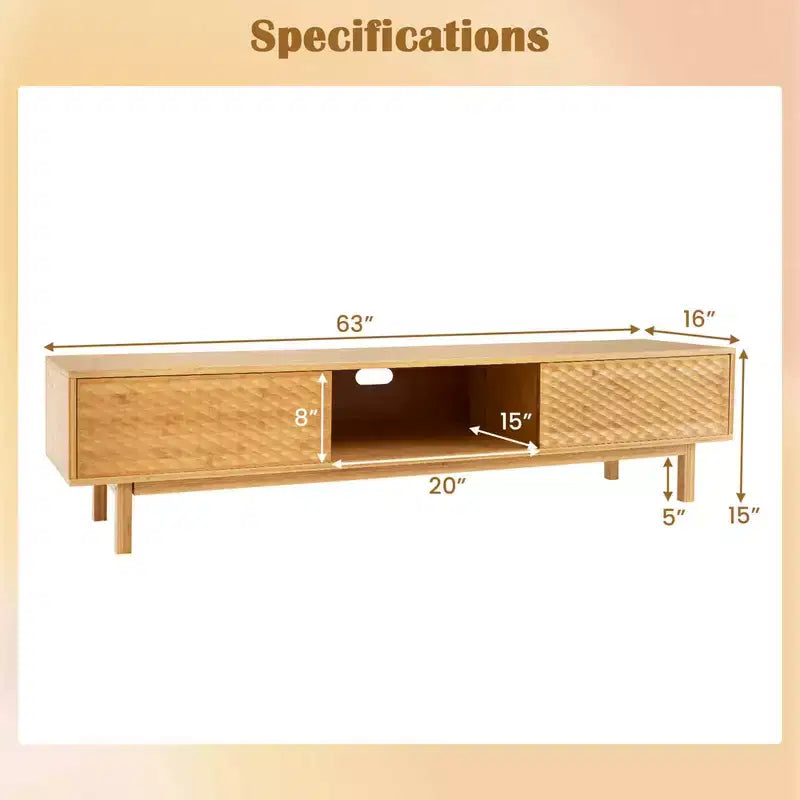63 Bamboo TV Stand with 3 Storage Cubes Sliding Doors Mid Century Storage Cabinet