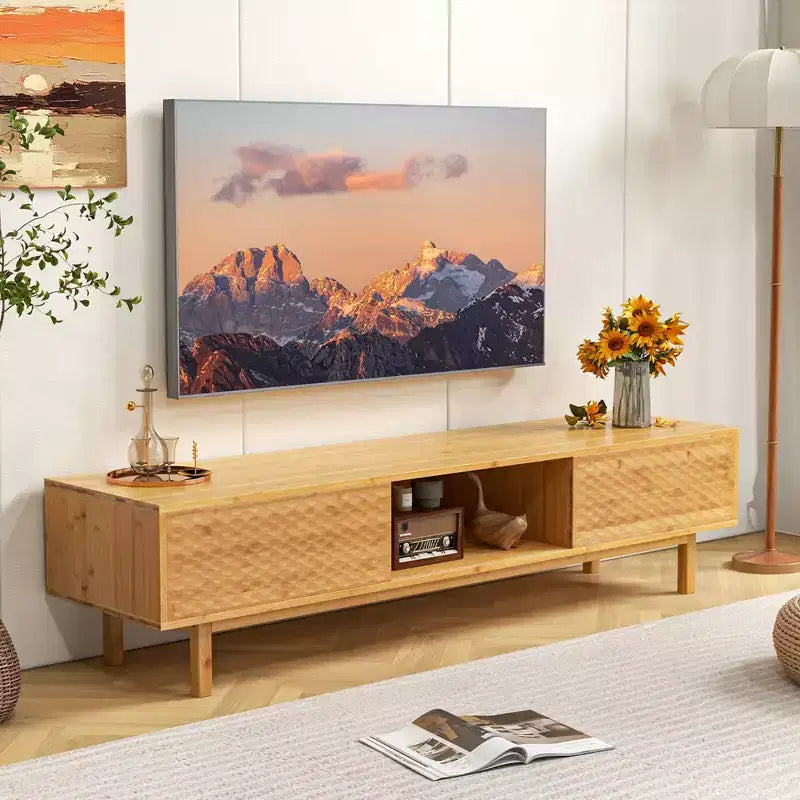 63 Bamboo TV Stand with 3 Storage Cubes Sliding Doors Mid Century Storage Cabinet