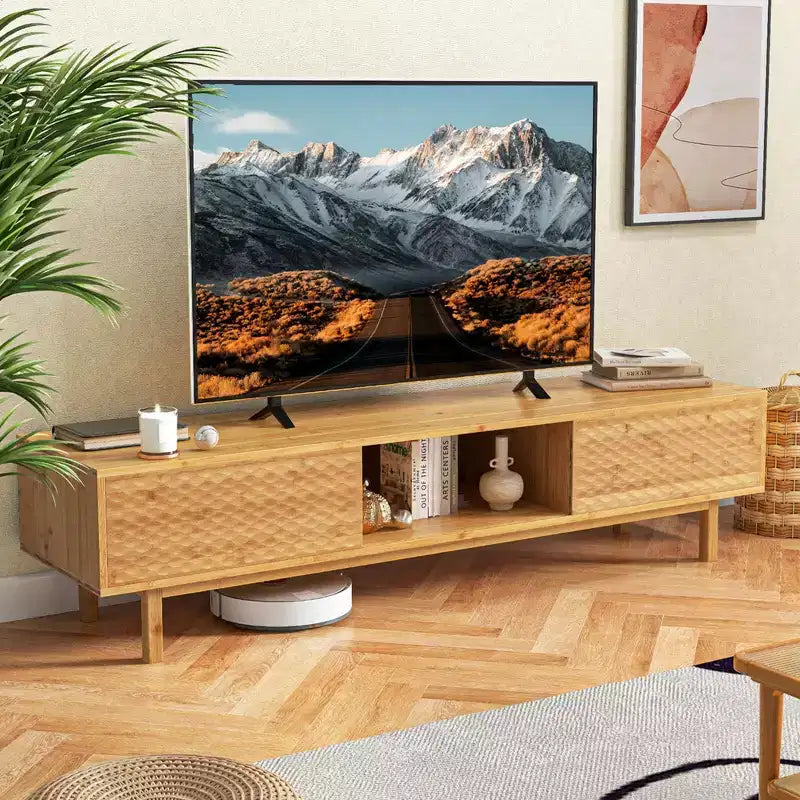 63 Bamboo TV Stand with 3 Storage Cubes Sliding Doors Mid Century Storage Cabinet