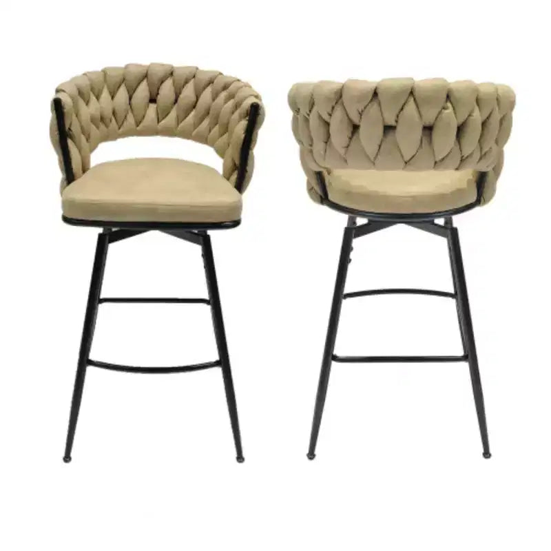 Back and Footrest Included, 2 Linen Woven Swivel Bar Stools Set, Non-Adjustable Kitchen Chairs