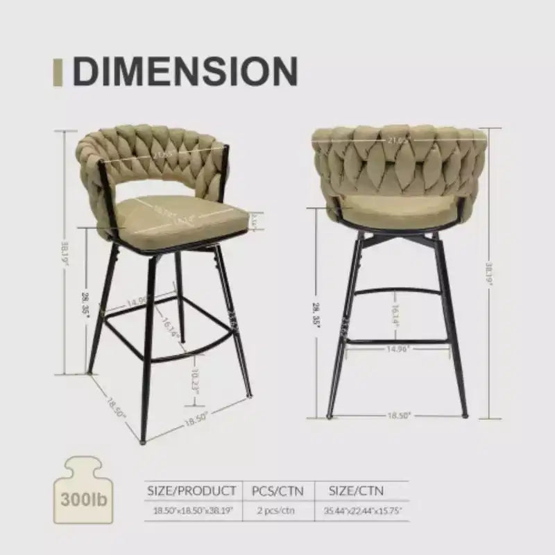Back and Footrest Included, 2 Linen Woven Swivel Bar Stools Set, Non-Adjustable Kitchen Chairs