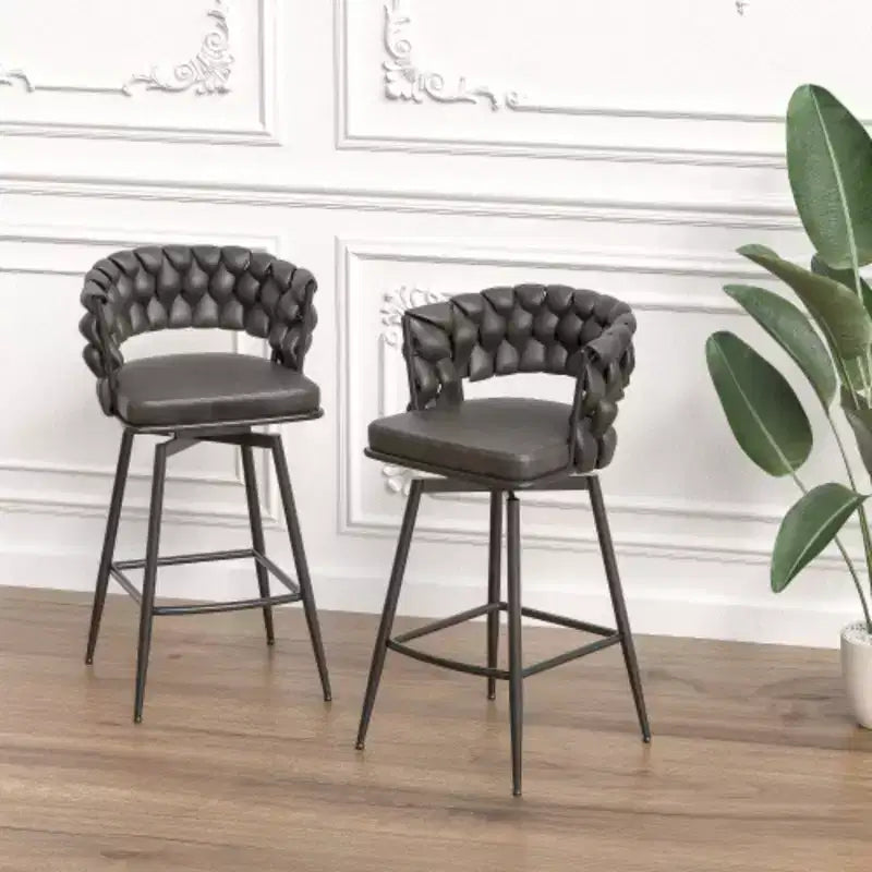 Back and Footrest Included, 2 Linen Woven Swivel Bar Stools Set, Non-Adjustable Kitchen Chairs