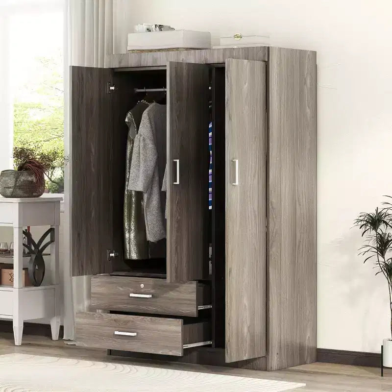 Wood 3-Door Wardrobe Armoire with Hanging Rod, 2-Drawers, and Storage Shelves