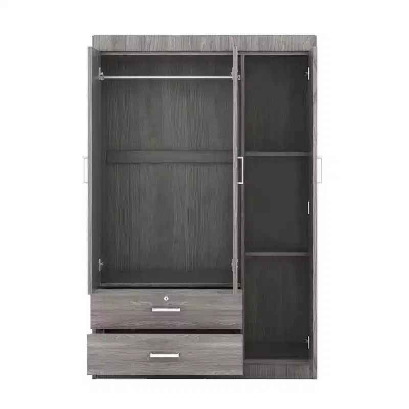 Wood 3-Door Wardrobe Armoire with Hanging Rod, 2-Drawers, and Storage Shelves