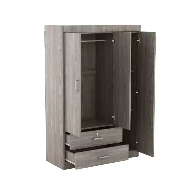Wood 3-Door Wardrobe Armoire with Hanging Rod, 2-Drawers, and Storage Shelves
