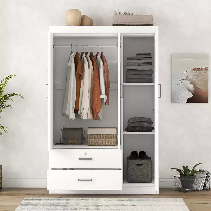 Wood 3-Door Wardrobe Armoire with Hanging Rod, 2-Drawers, and Storage Shelves