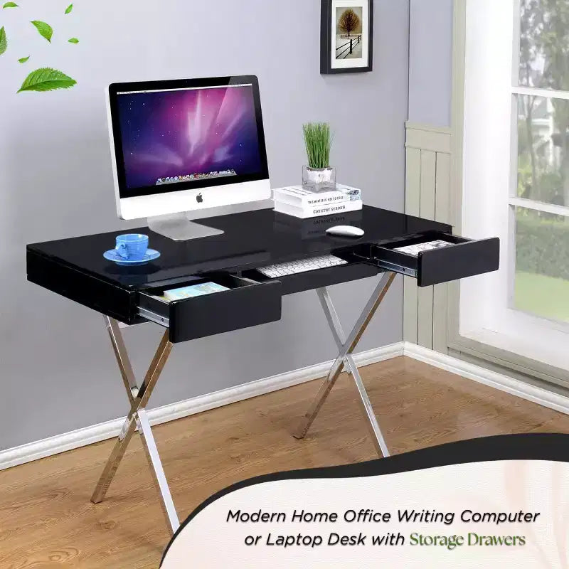 Logan Home Office Desk With Drawers Keyboard Tray And XLeg Frame Computer Desk, Writing Desk, Office Desk