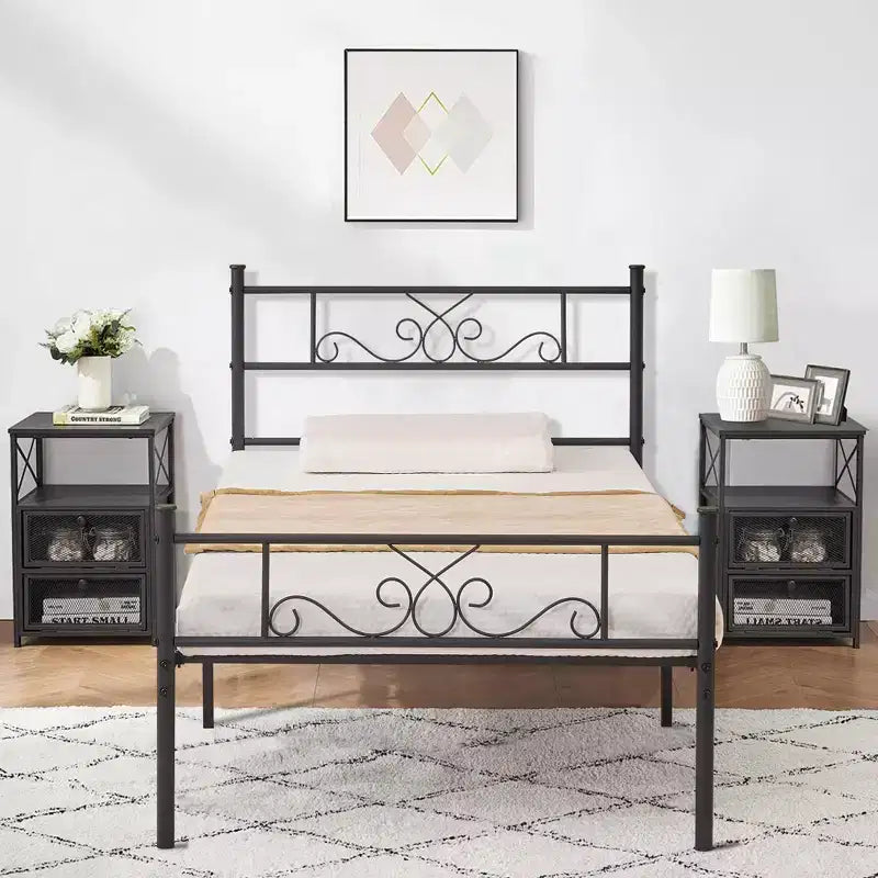 Twin/Full/Queen/King Size Bed Frame with Headboard&Footboard, Metal Bed Platform, Black