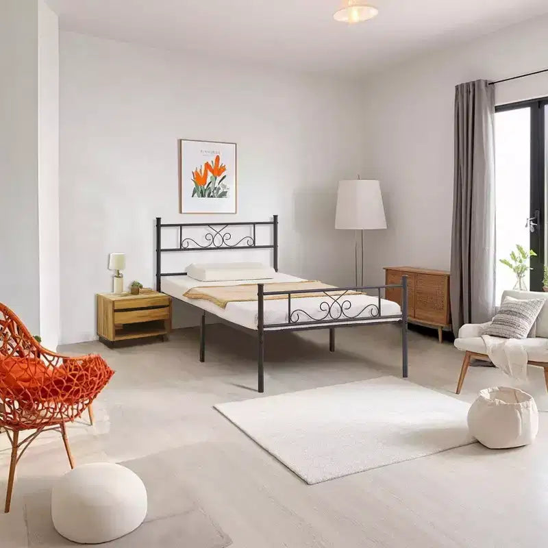 Struttura letto matrimoniale/una piazza e mezza/queen/king size con testiera e pediera, piattaforma letto in metallo, nero