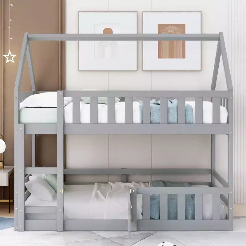 Wood Twin over Twin House-Shaped Bunk Bed with Fence with Door and Ladder