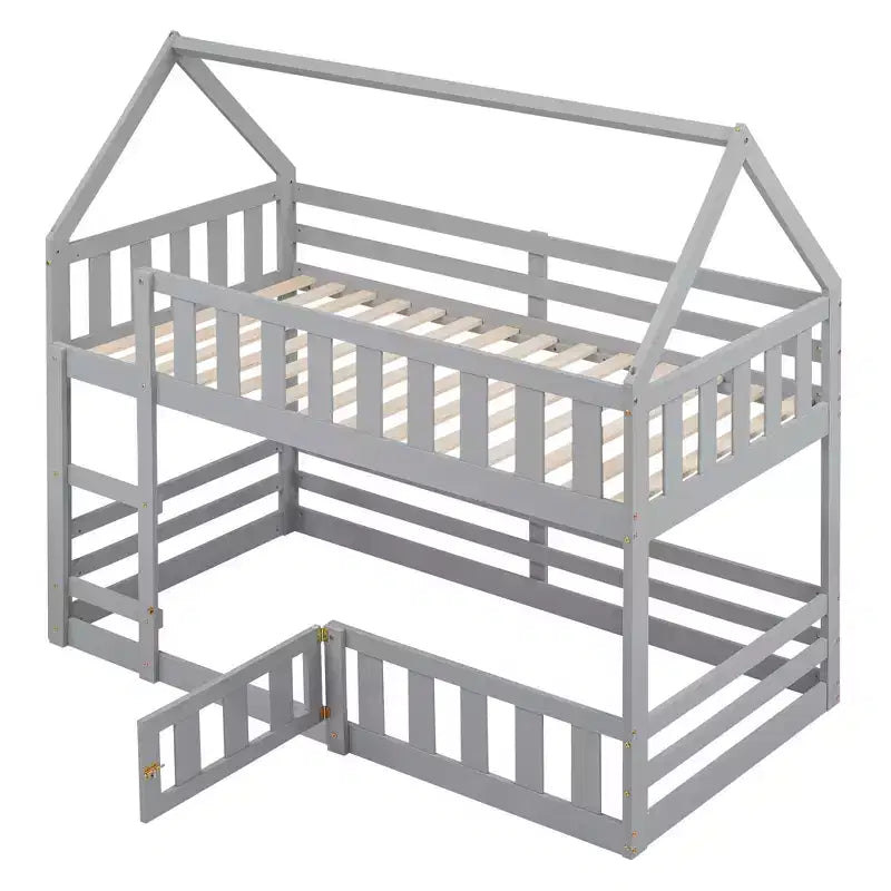 Wood Twin over Twin House-Shaped Bunk Bed with Fence with Door and Ladder