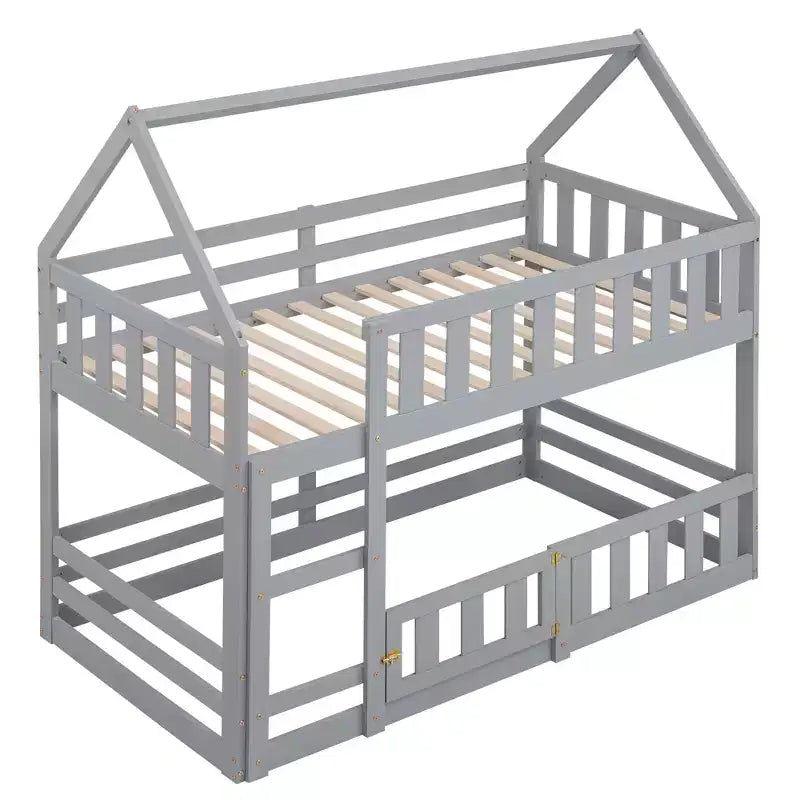 Wood Twin over Twin House-Shaped Bunk Bed with Fence with Door and Ladder