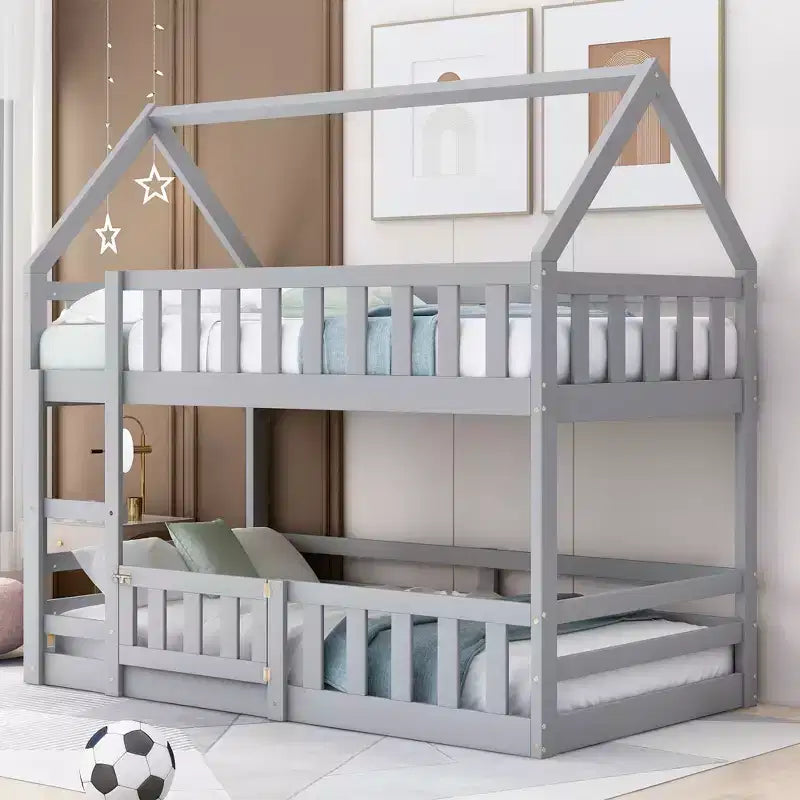Wood Twin over Twin House-Shaped Bunk Bed with Fence with Door and Ladder