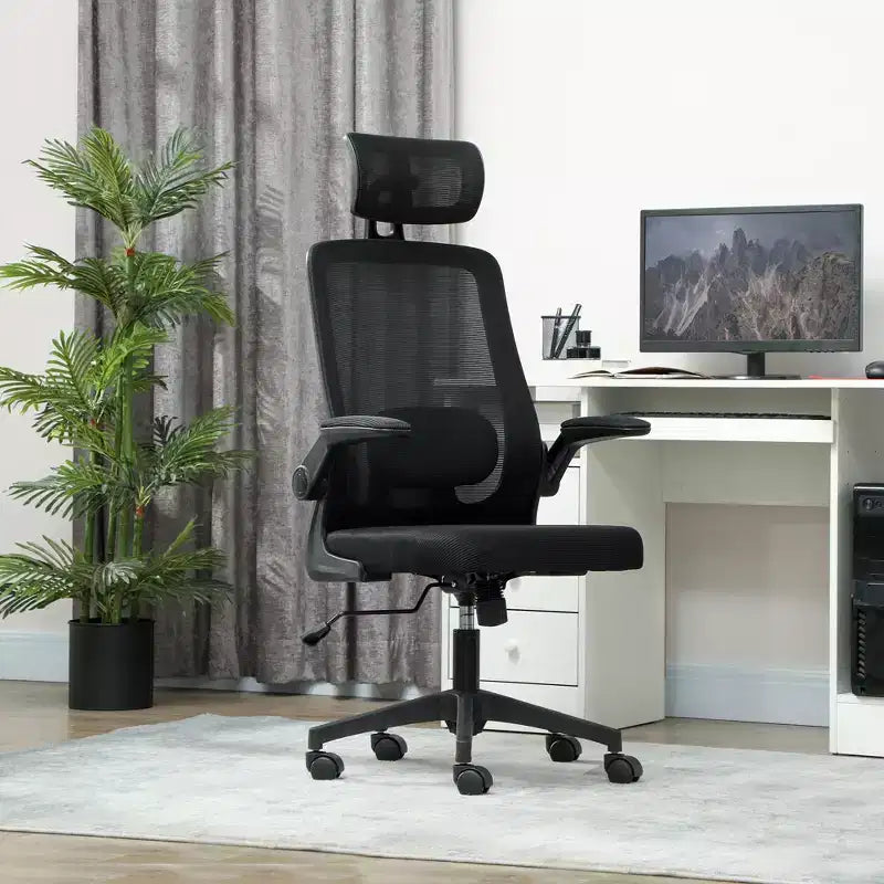 Sedia da Ufficio Ergonomica con Braccioli Ribaltabili, Poggiatesta Regolabile e Supporto Lombare, Sedia da Scrivania in Rete per Ufficio Domestico