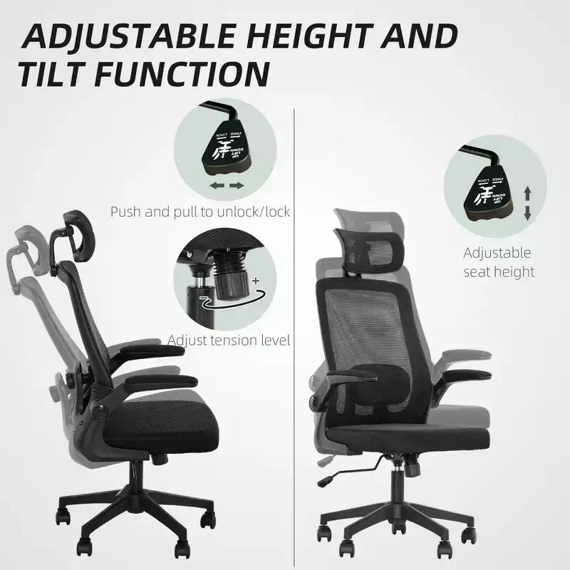 Sedia da Ufficio Ergonomica con Braccioli Ribaltabili, Poggiatesta Regolabile e Supporto Lombare, Sedia da Scrivania in Rete per Ufficio Domestico