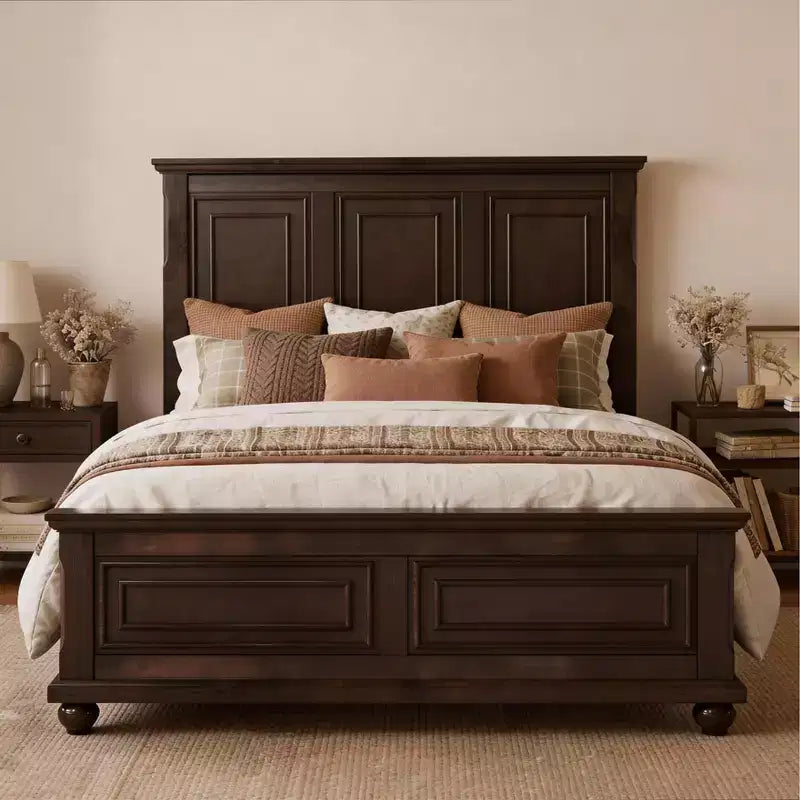 Queen/King Size Platform Bed with Tall Headboard, Vintage Pinewood Bed Frame, Traditional Style