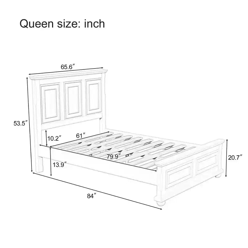 Queen/King Size Platform Bed with Tall Headboard, Vintage Pinewood Bed Frame, Traditional Style