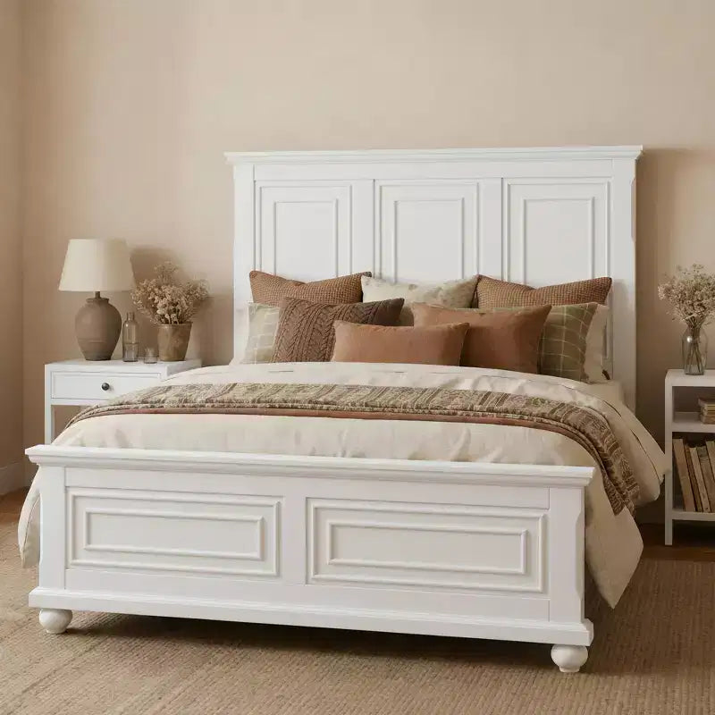 Queen/King Size Platform Bed with Tall Headboard, Vintage Pinewood Bed Frame, Traditional Style