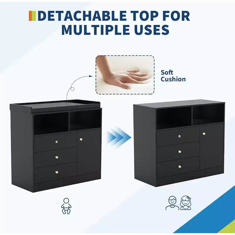Baby Dresser with Changing Table, Wooden Nursery Changing Station with Drawers, Cabinet, Open Shelves, for Bedroom or Nursery
