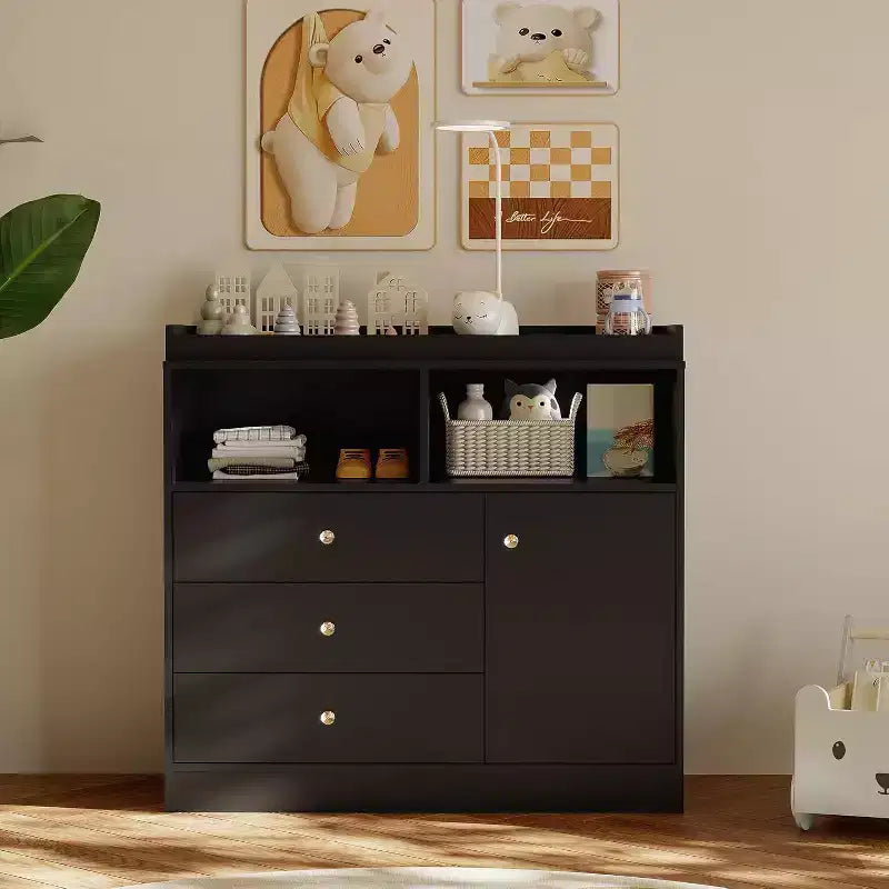 Baby Dresser with Changing Table, Wooden Nursery Changing Station with Drawers, Cabinet, Open Shelves, for Bedroom or Nursery