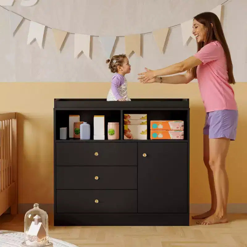 Baby Dresser with Changing Table, Wooden Nursery Changing Station with Drawers, Cabinet, Open Shelves, for Bedroom or Nursery