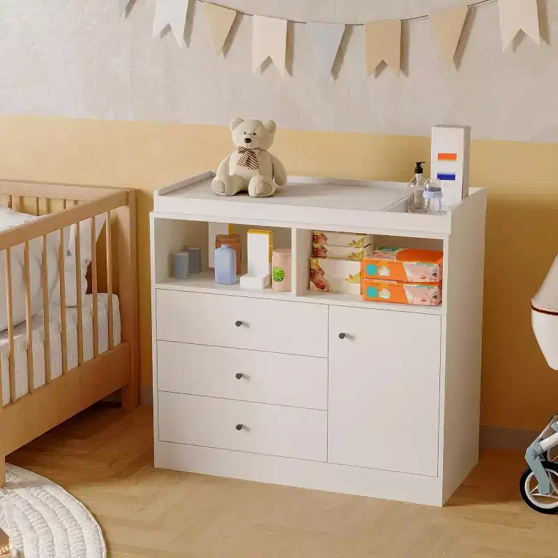 Baby Dresser with Changing Table, Wooden Nursery Changing Station with Drawers, Cabinet, Open Shelves, for Bedroom or Nursery