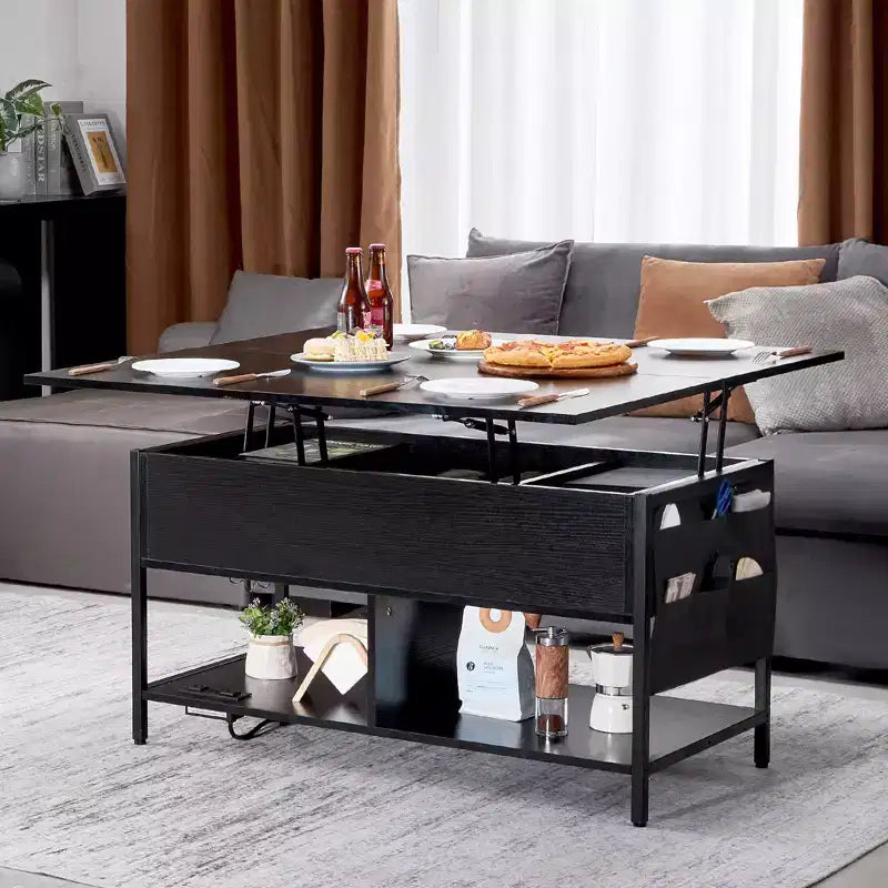 Lift Top Coffee Table, 39.4 in Rectangle Coffee Table, Flipable Coffee Table with Power Strip & USB & Ambient Lighting, Black