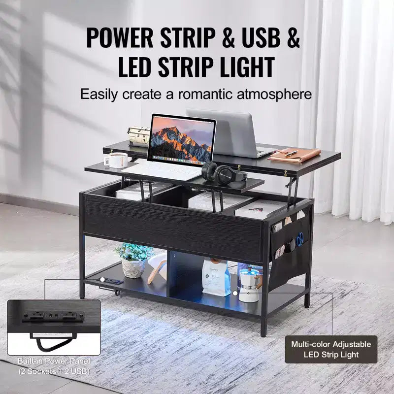 Lift Top Coffee Table, 39.4 in Rectangle Coffee Table, Flipable Coffee Table with Power Strip & USB & Ambient Lighting, Black