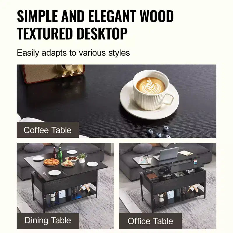 Lift Top Coffee Table, 39.4 in Rectangle Coffee Table, Flipable Coffee Table with Power Strip & USB & Ambient Lighting, Black