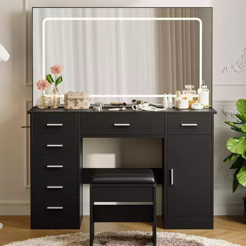 Makeup Vanity with 3-Mode LED Lighted Mirror & Charging Outlets, Large Vanity Desk with 7 Drawers & Storage Cabinet, Modern Dressing Table
