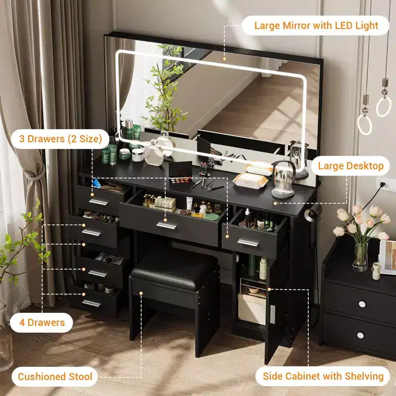 Makeup Vanity with 3-Mode LED Lighted Mirror & Charging Outlets, Large Vanity Desk with 7 Drawers & Storage Cabinet, Modern Dressing Table