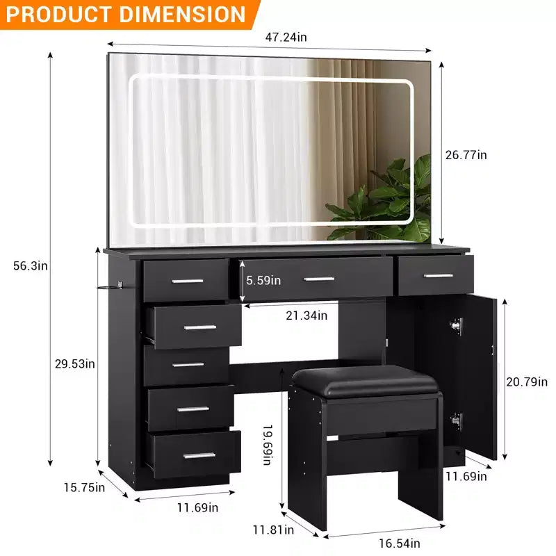 Makeup Vanity with 3-Mode LED Lighted Mirror & Charging Outlets, Large Vanity Desk with 7 Drawers & Storage Cabinet, Modern Dressing Table