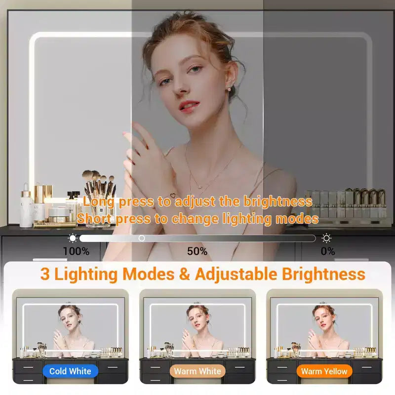 Makeup Vanity with 3-Mode LED Lighted Mirror & Charging Outlets, Large Vanity Desk with 7 Drawers & Storage Cabinet, Modern Dressing Table