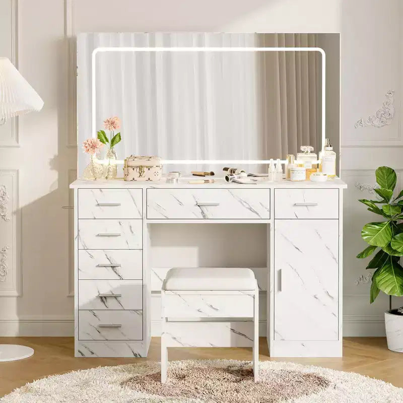 Makeup Vanity with 3-Mode LED Lighted Mirror & Charging Outlets, Large Vanity Desk with 7 Drawers & Storage Cabinet, Modern Dressing Table