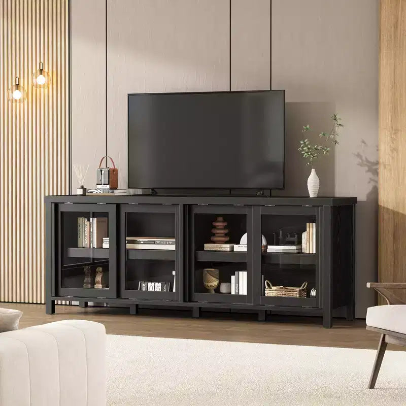 TV Stand for 65 Inch, Entertainment Center with Storage Cabinet and 4 Sliding Glass Doors, Console Table for Living Room Bedroom