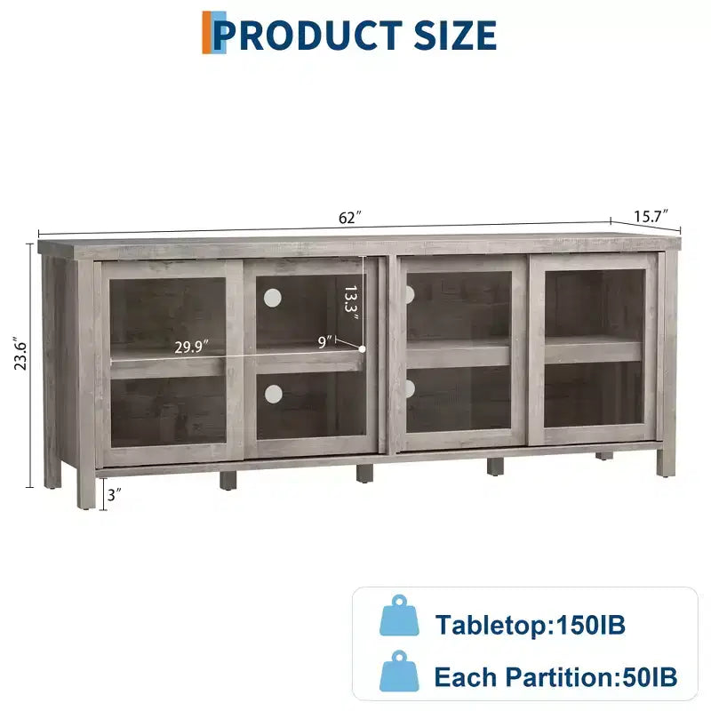 TV Stand for 65 Inch, Entertainment Center with Storage Cabinet and 4 Sliding Glass Doors, Console Table for Living Room Bedroom