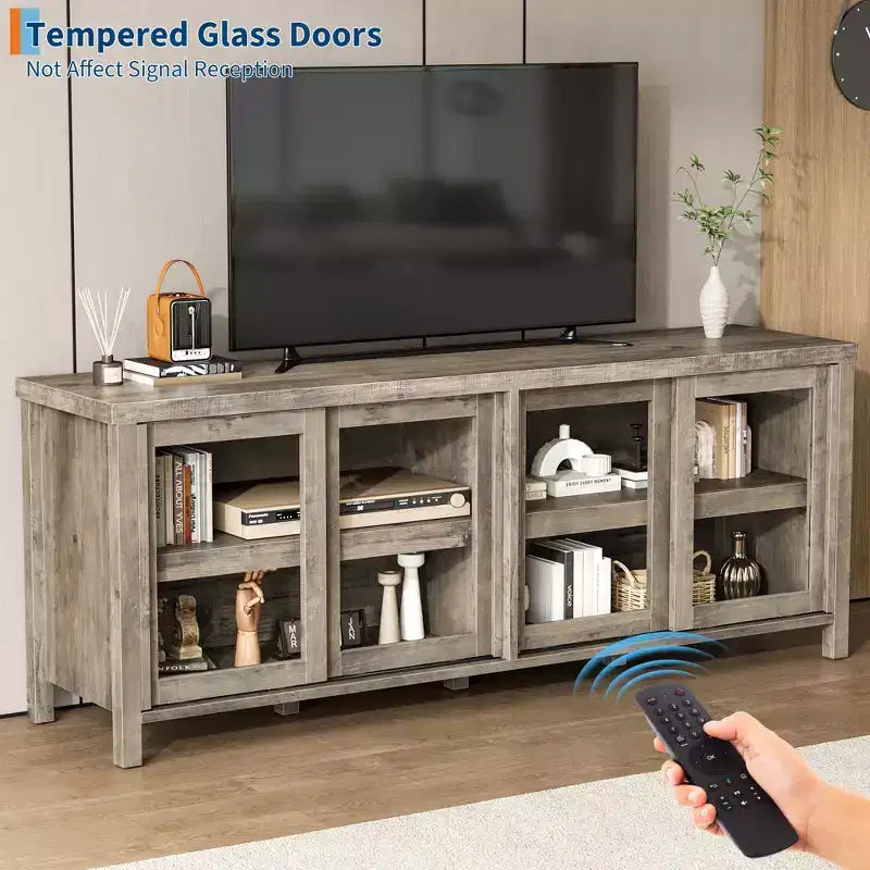 TV Stand for 65 Inch, Entertainment Center with Storage Cabinet and 4 Sliding Glass Doors, Console Table for Living Room Bedroom