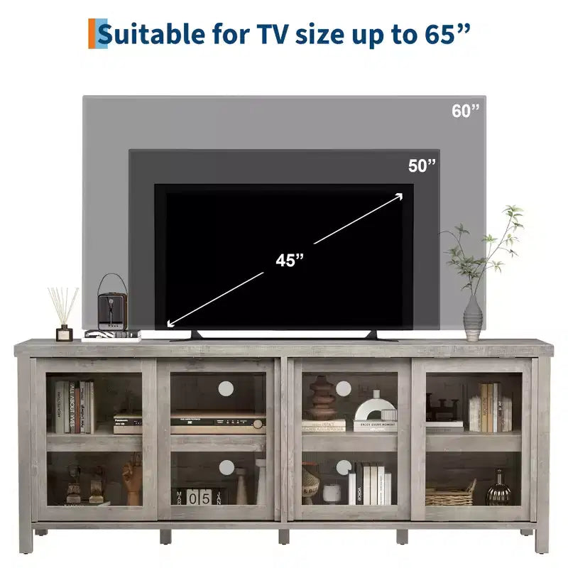 TV Stand for 65 Inch, Entertainment Center with Storage Cabinet and 4 Sliding Glass Doors, Console Table for Living Room Bedroom