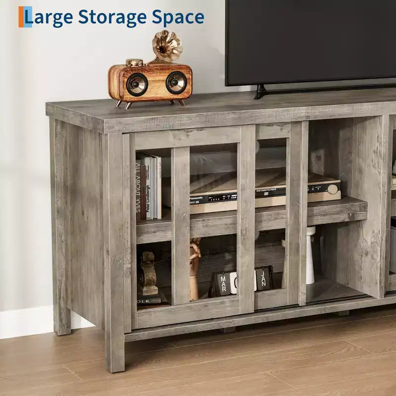 TV Stand for 65 Inch, Entertainment Center with Storage Cabinet and 4 Sliding Glass Doors, Console Table for Living Room Bedroom