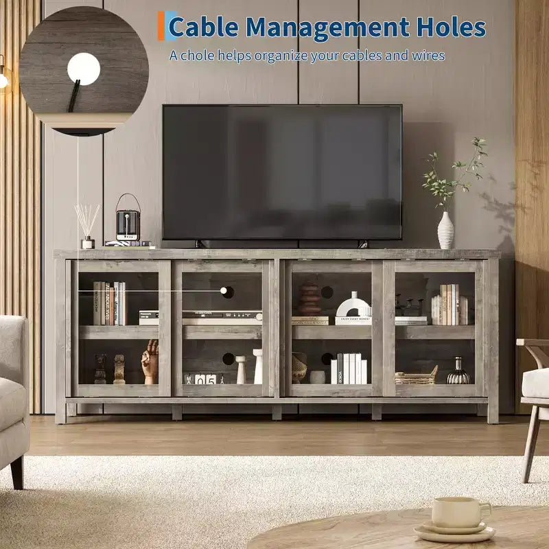 TV Stand for 65 Inch, Entertainment Center with Storage Cabinet and 4 Sliding Glass Doors, Console Table for Living Room Bedroom