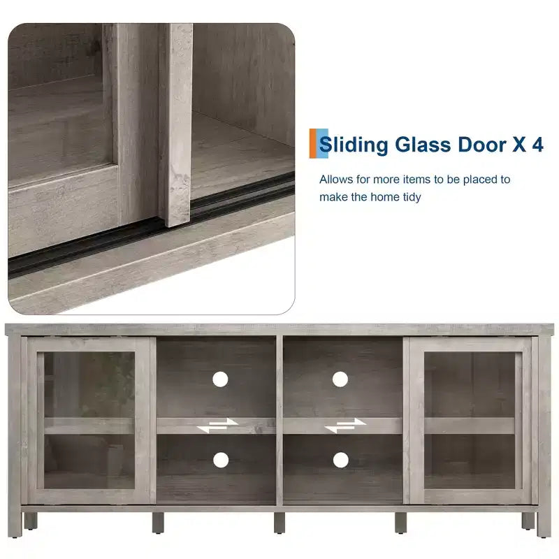 TV Stand for 65 Inch, Entertainment Center with Storage Cabinet and 4 Sliding Glass Doors, Console Table for Living Room Bedroom