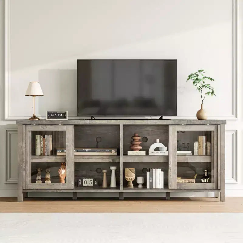 TV Stand for 65 Inch, Entertainment Center with Storage Cabinet and 4 Sliding Glass Doors, Console Table for Living Room Bedroom