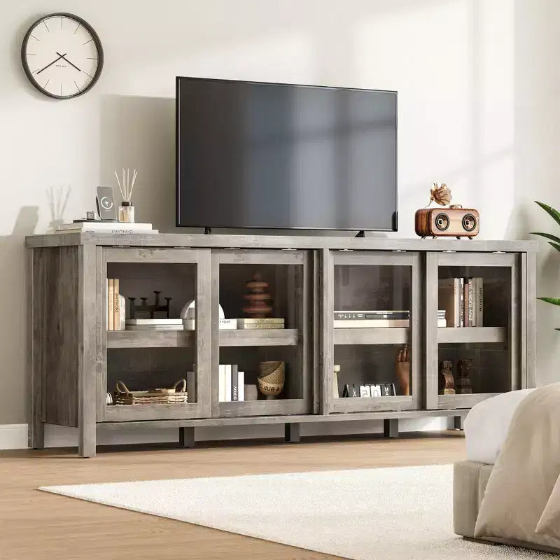 TV Stand for 65 Inch, Entertainment Center with Storage Cabinet and 4 Sliding Glass Doors, Console Table for Living Room Bedroom